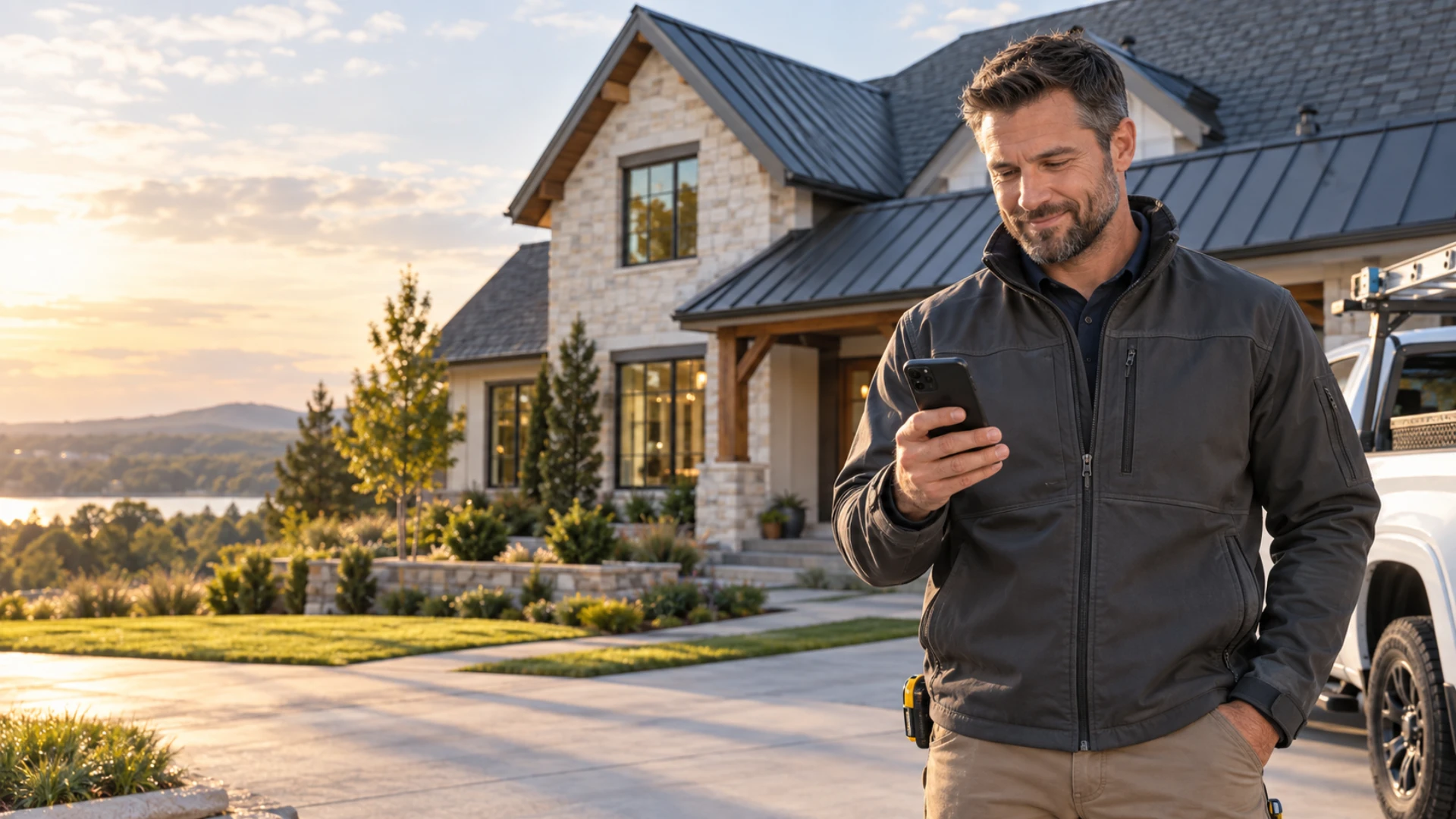 Home-services contractor reviewing a new homeowner project lead on his phone