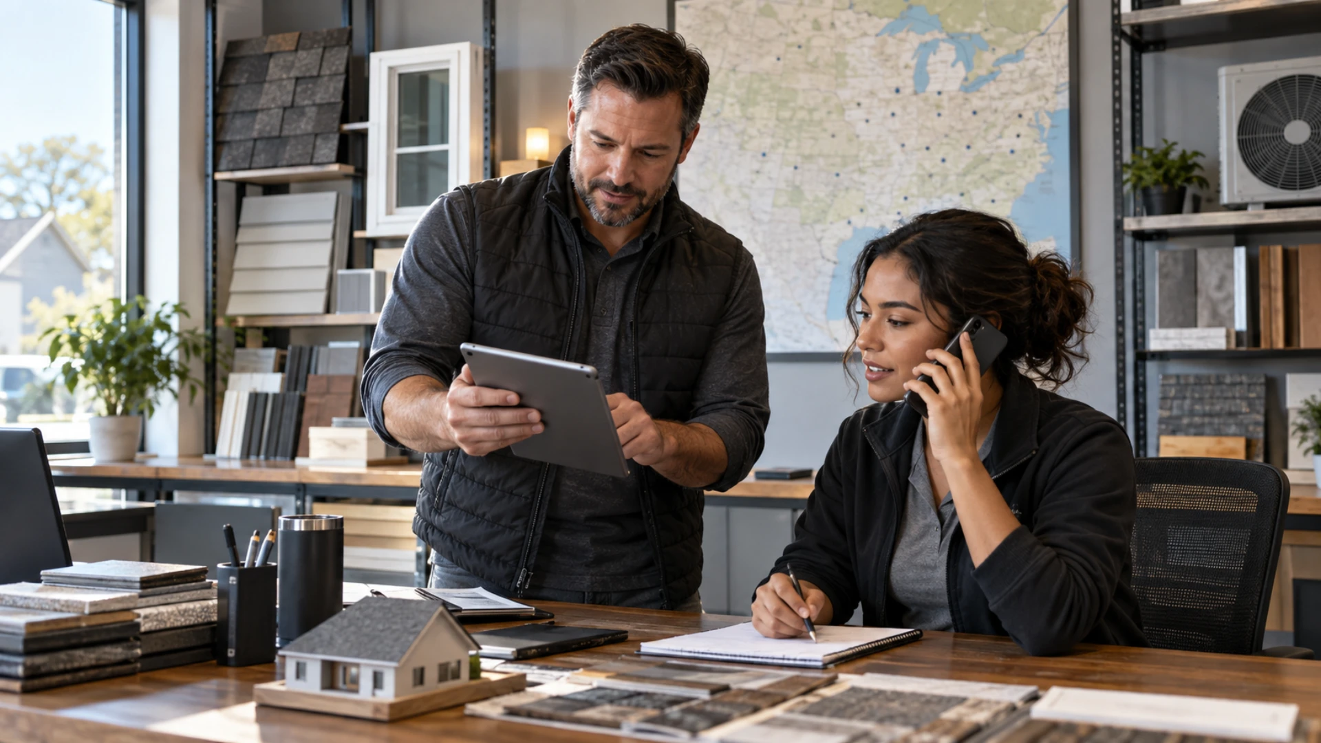 Home-services team reviewing a new project lead and calling the homeowner