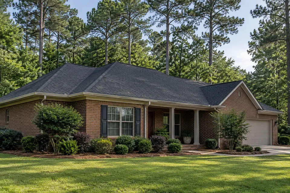 A brick ranch house with a dark architectural shingle roof under tall pines