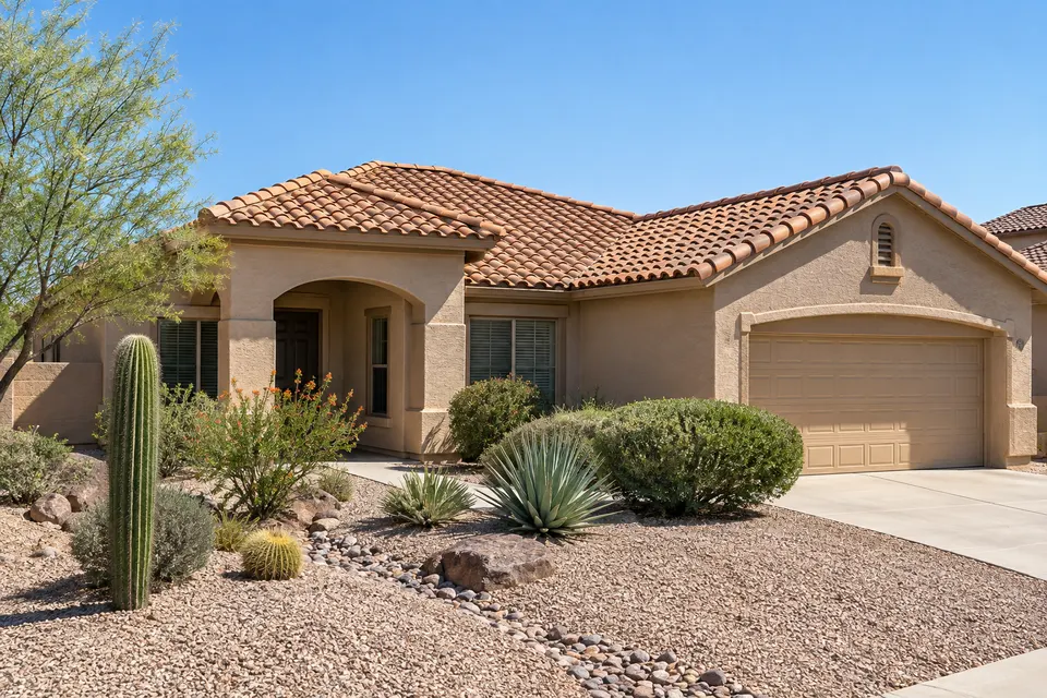 A stucco desert home with a terracotta clay tile roof and a gravel yard