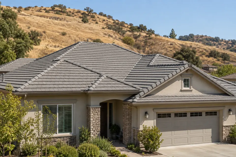 A hillside home with a gray concrete tile roof beside a dry grass slope