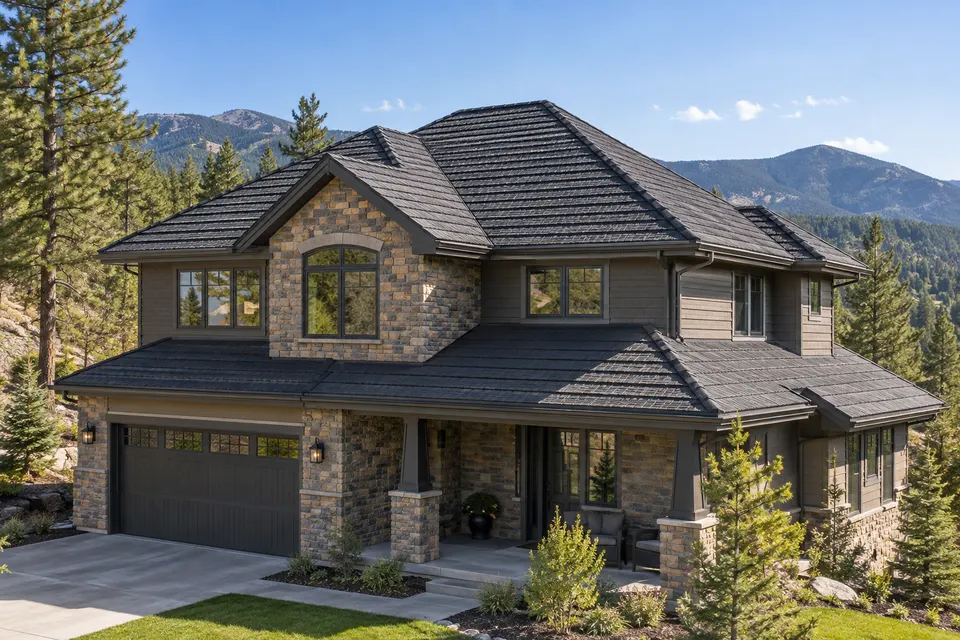 A two-story home with a dark stone-coated steel roof, pines and foothills behind