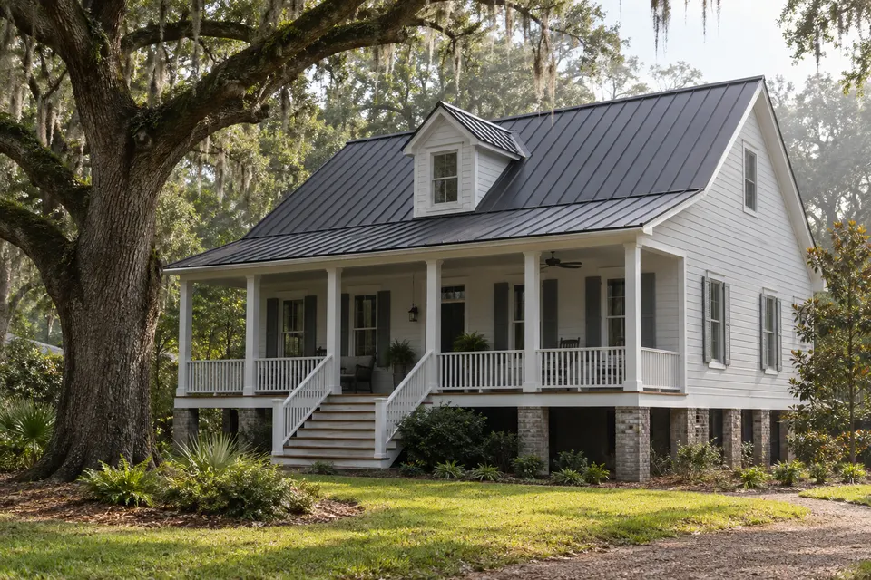 A raised cottage on piers with a charcoal metal roof and a wide front porch