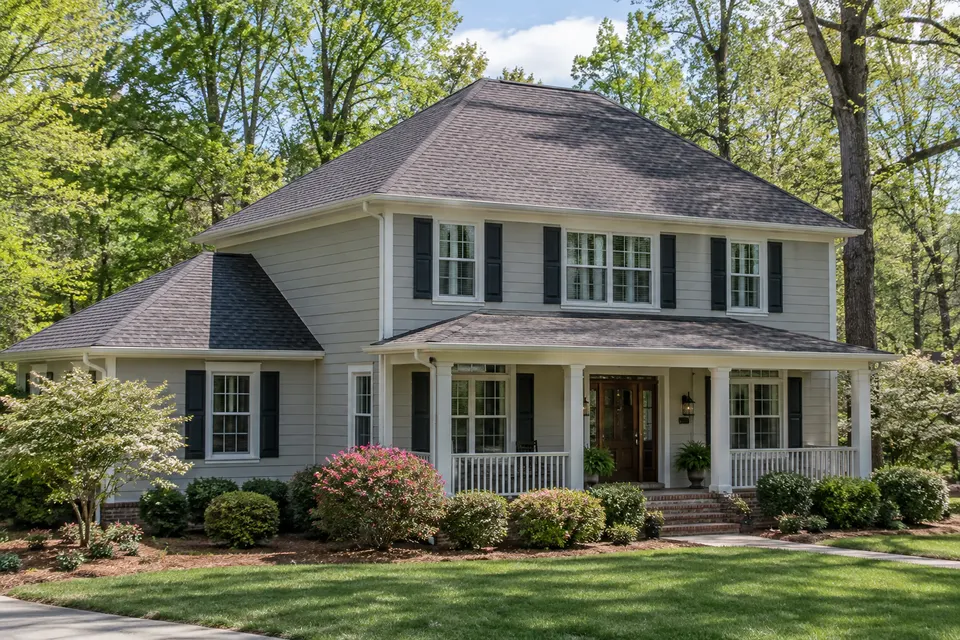 A two-story farmhouse-style home with a hip roof of architectural shingles