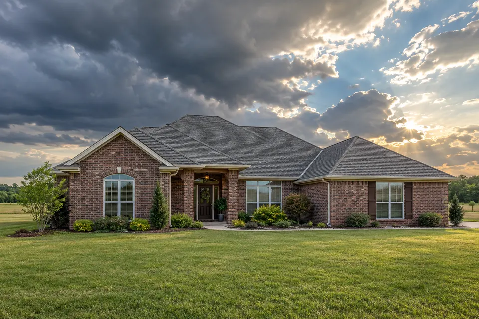 A brick ranch home with a gray impact-resistant shingle roof under a clearing storm sky
